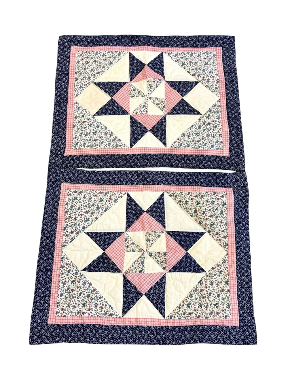 Vintage Patchwork Quilted Pillow Covers Set of 2 Navy Pink Floral Cottagecore